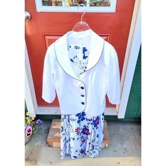 Vintage Raflen Red White‎ Blue Short Sleeve Shift Dress Jacket Set - Picture 1 of 8